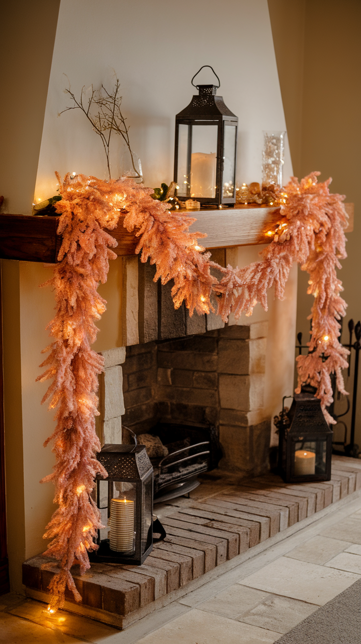 A peach fuzz garland draped over a mantel with fairy lights, complemented by lanterns and rustic decor.