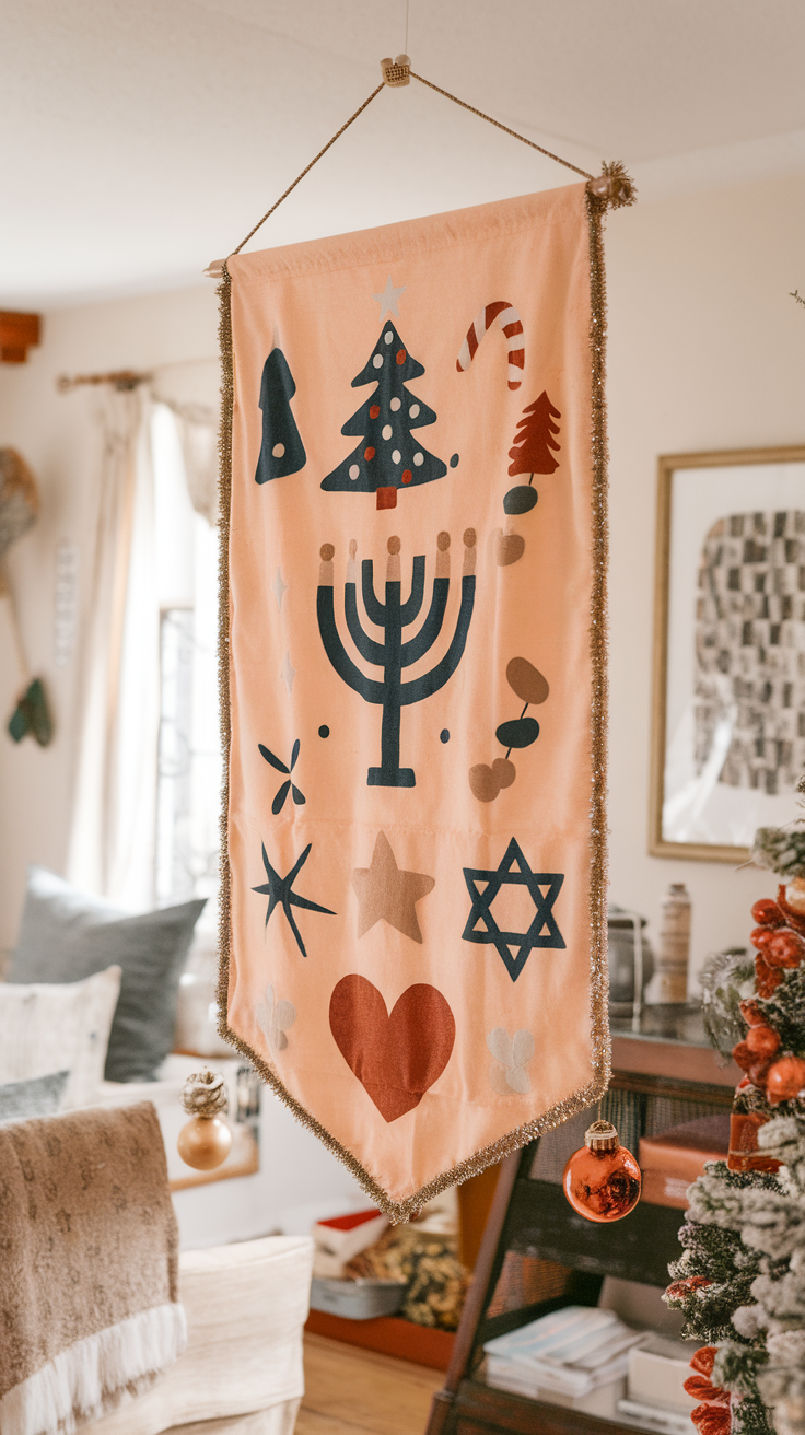 A peach-colored banner featuring holiday symbols like a menorah, stars, and a Christmas tree, hanging in a cozy living room.