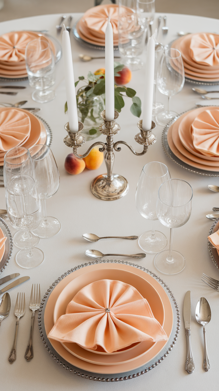 A beautifully arranged table setting featuring peach-colored napkins and plates, with elegant glassware and a silver candle holder.