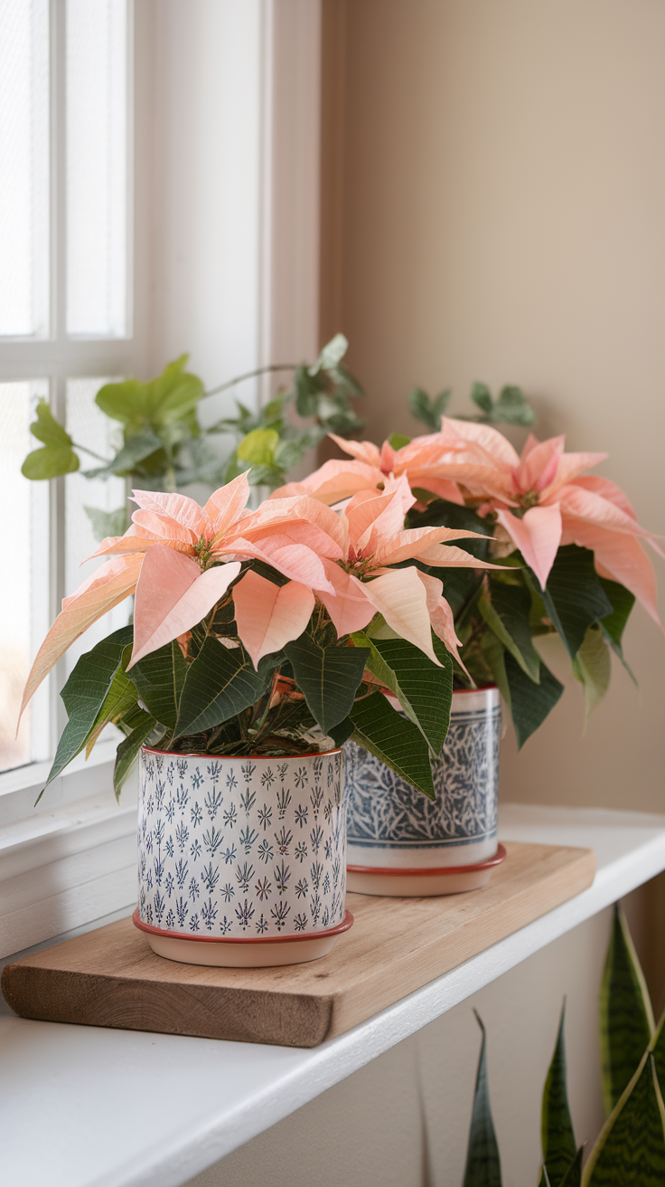 Two peach fuzz poinsettias in decorative pots on a windowsill.