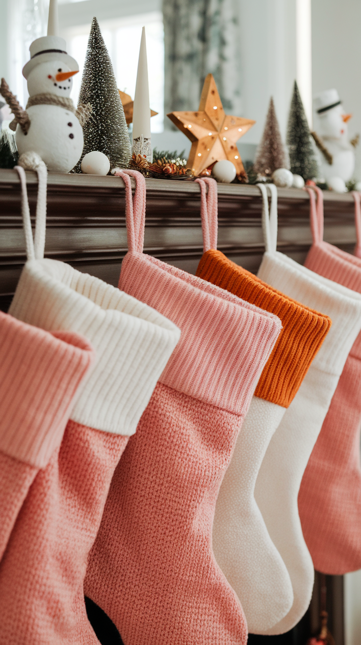 Colorful stockings hanging by a fireplace decorated for the holidays