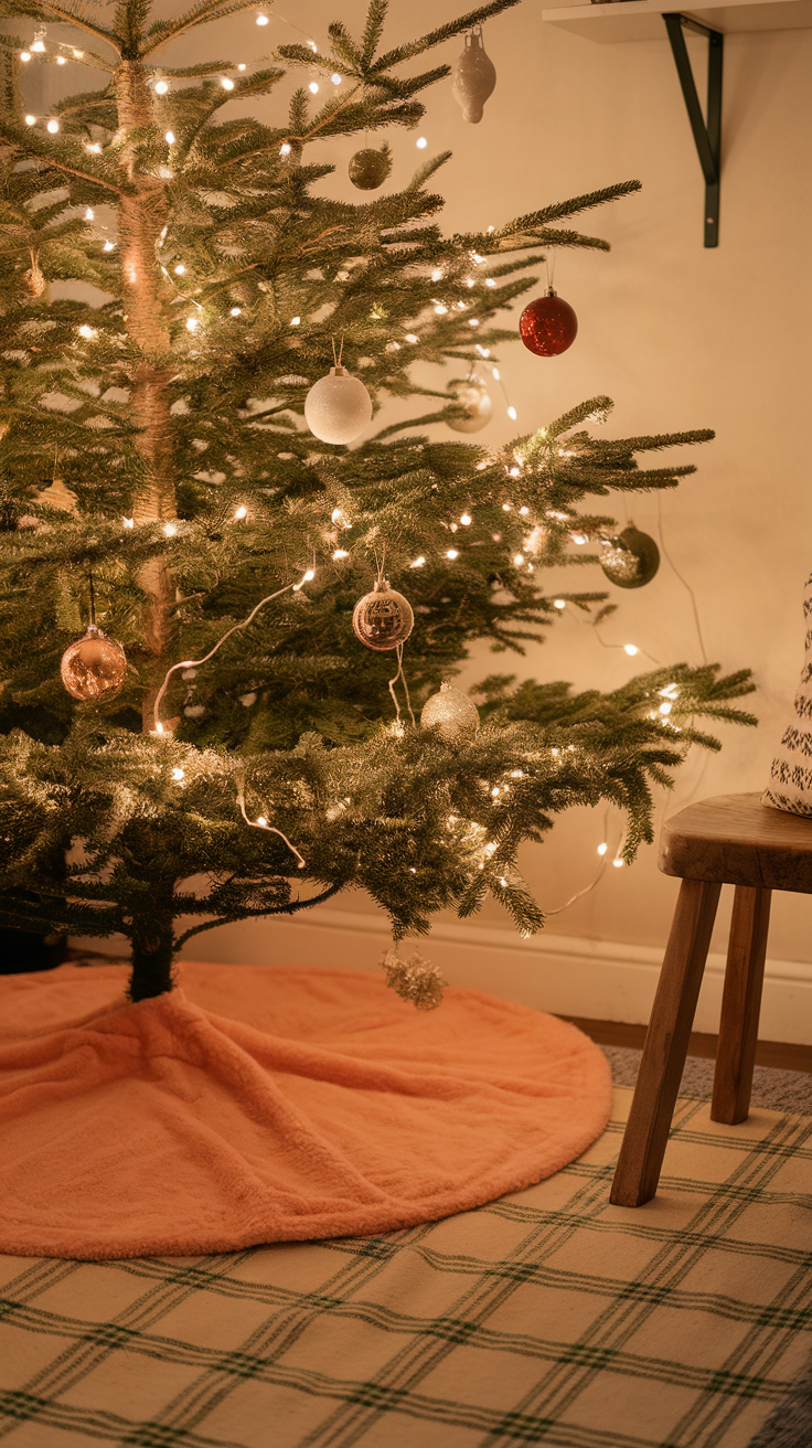 A cozy peach fuzz Christmas tree skirt under a decorated tree with lights and ornaments.