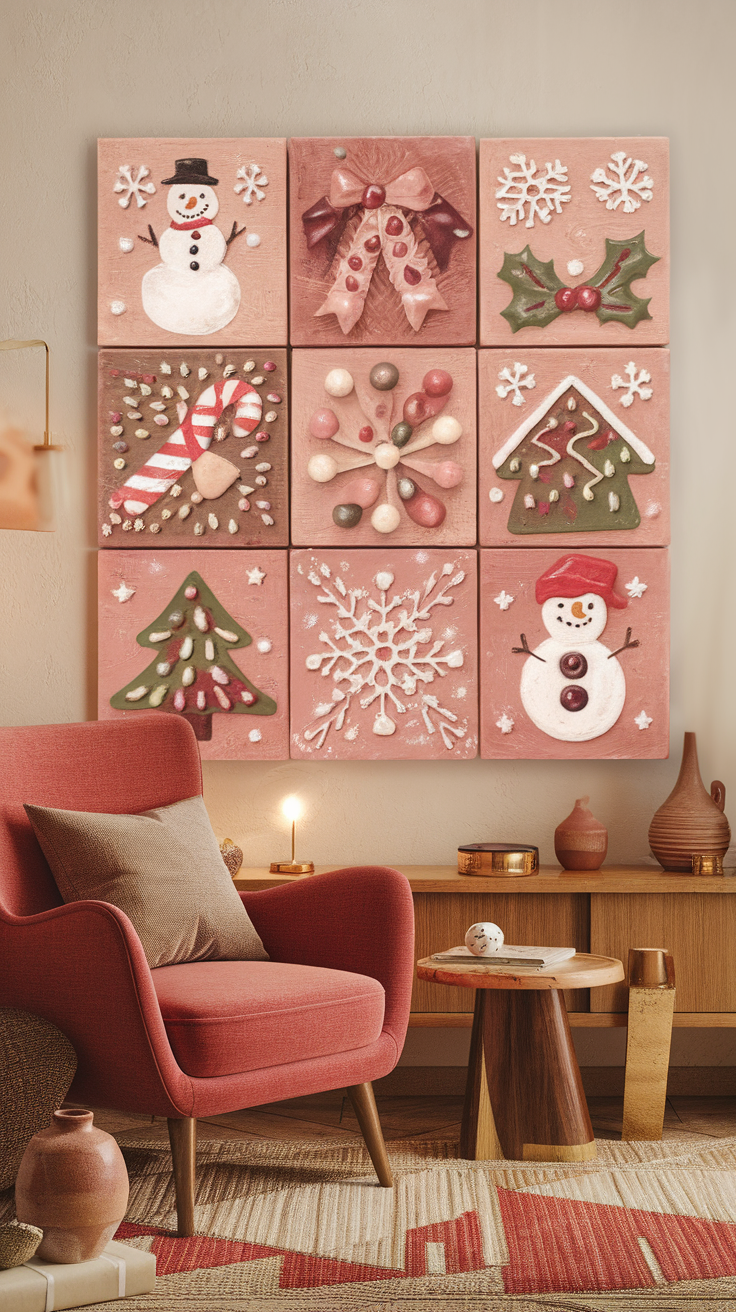 Colorful wall art featuring holiday-themed designs including snowmen, trees, and candy canes.