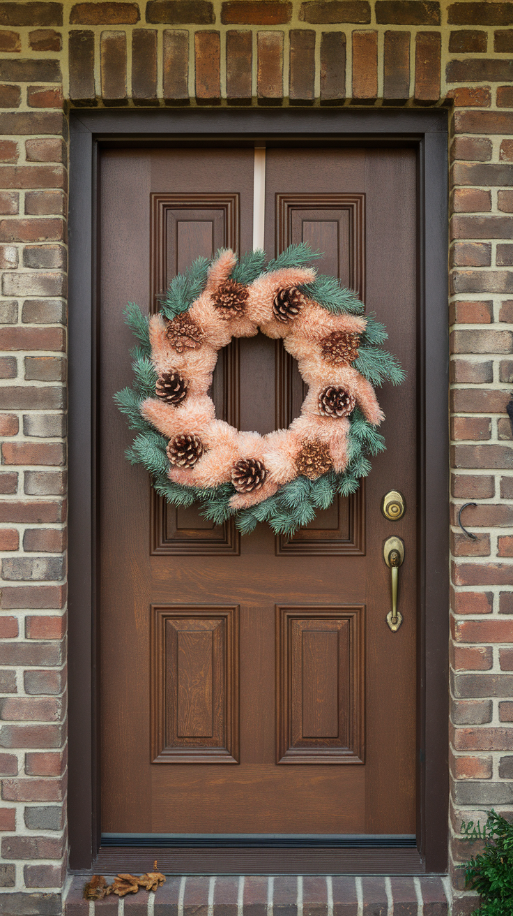 A peach fuzz wreath adorned with pinecones hanging on a brown door.