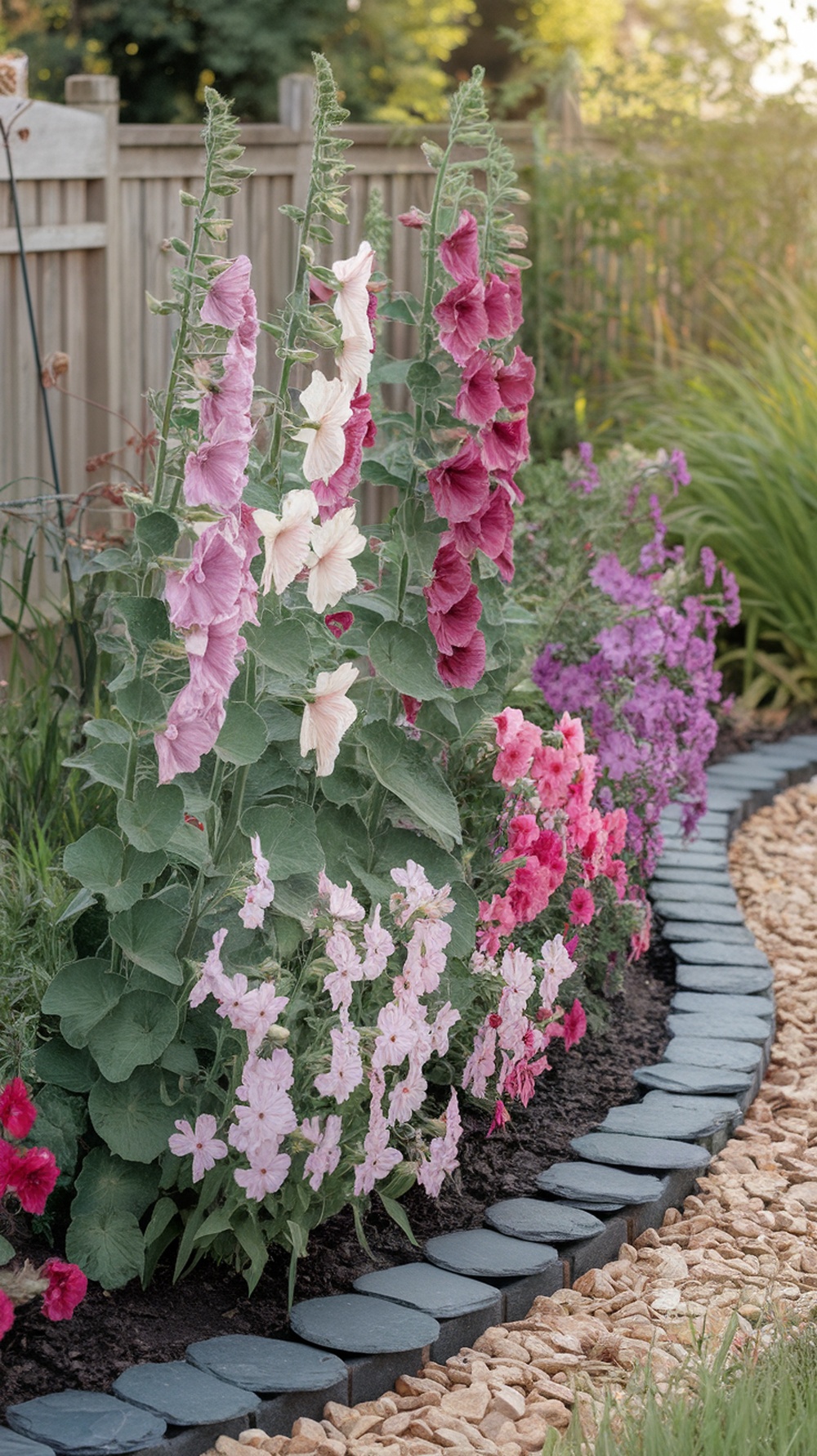 A vibrant perennial border featuring hollyhocks and other flowers, bordered by slate chips.