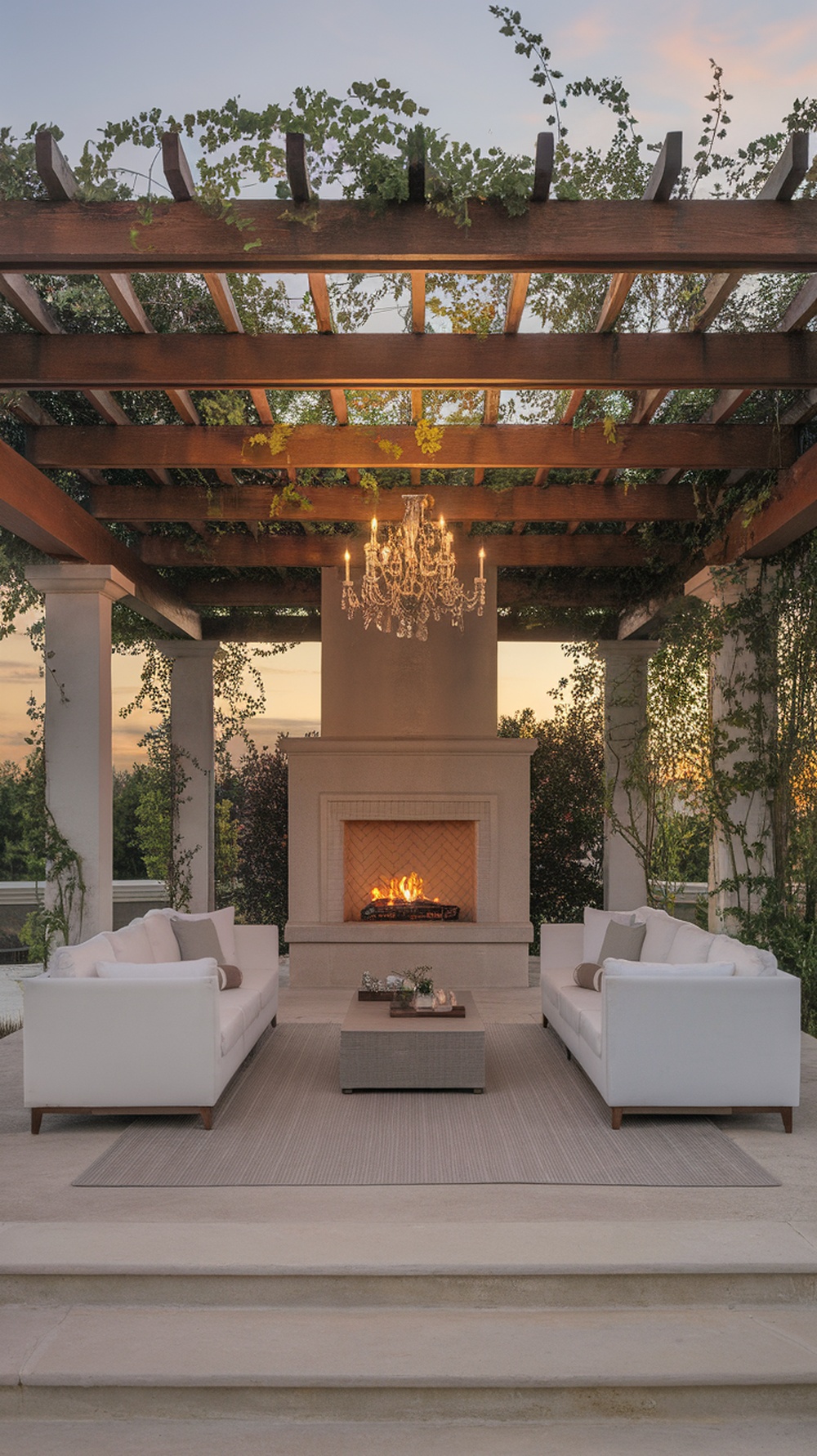 A beautiful outdoor fireplace surrounded by a pergola with vines and cozy seating.