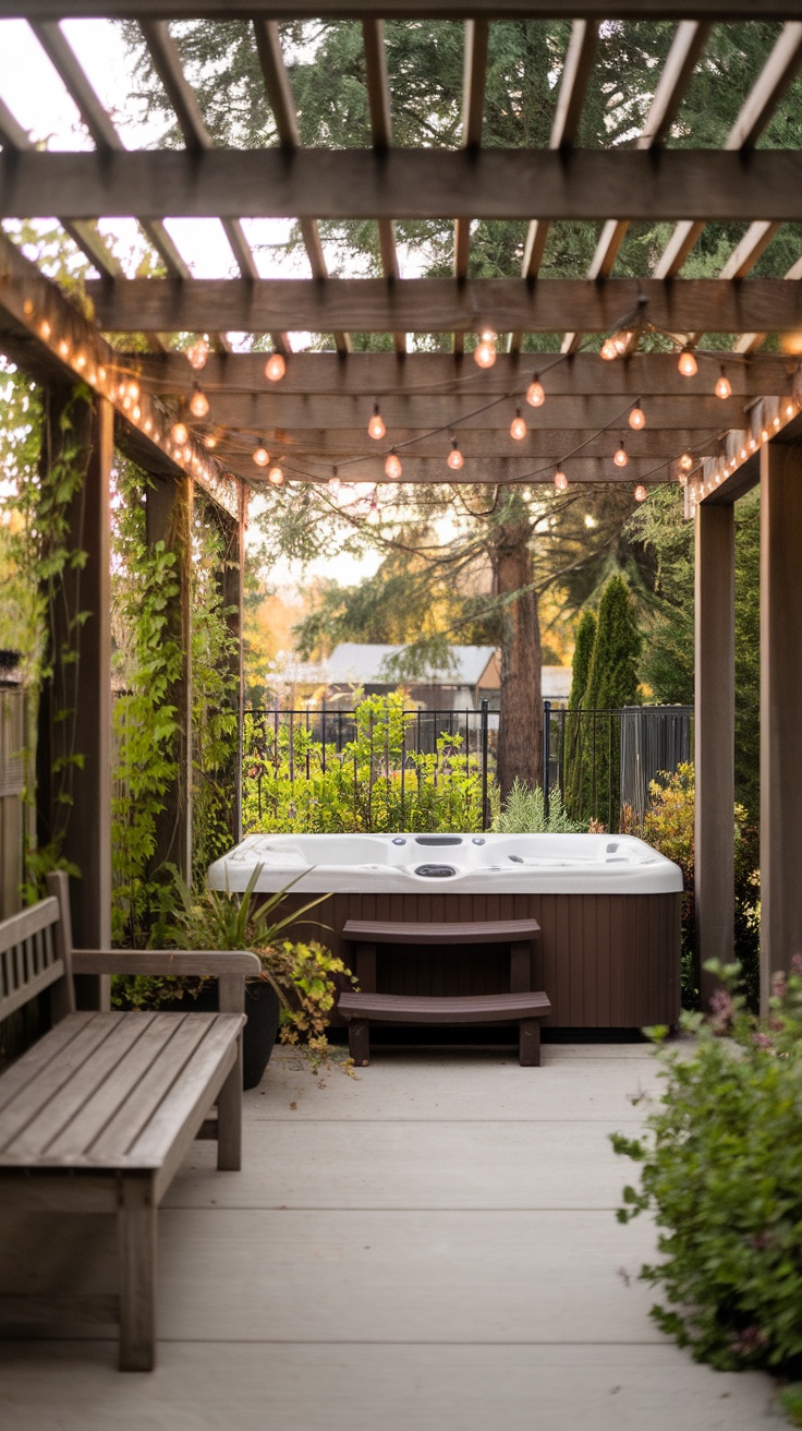 A cozy hot tub under a pergola with string lights and surrounding greenery.