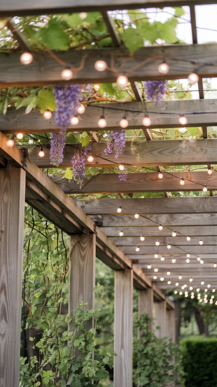 A wooden pergola trellis with hanging lights and purple flowers, surrounded by greenery.