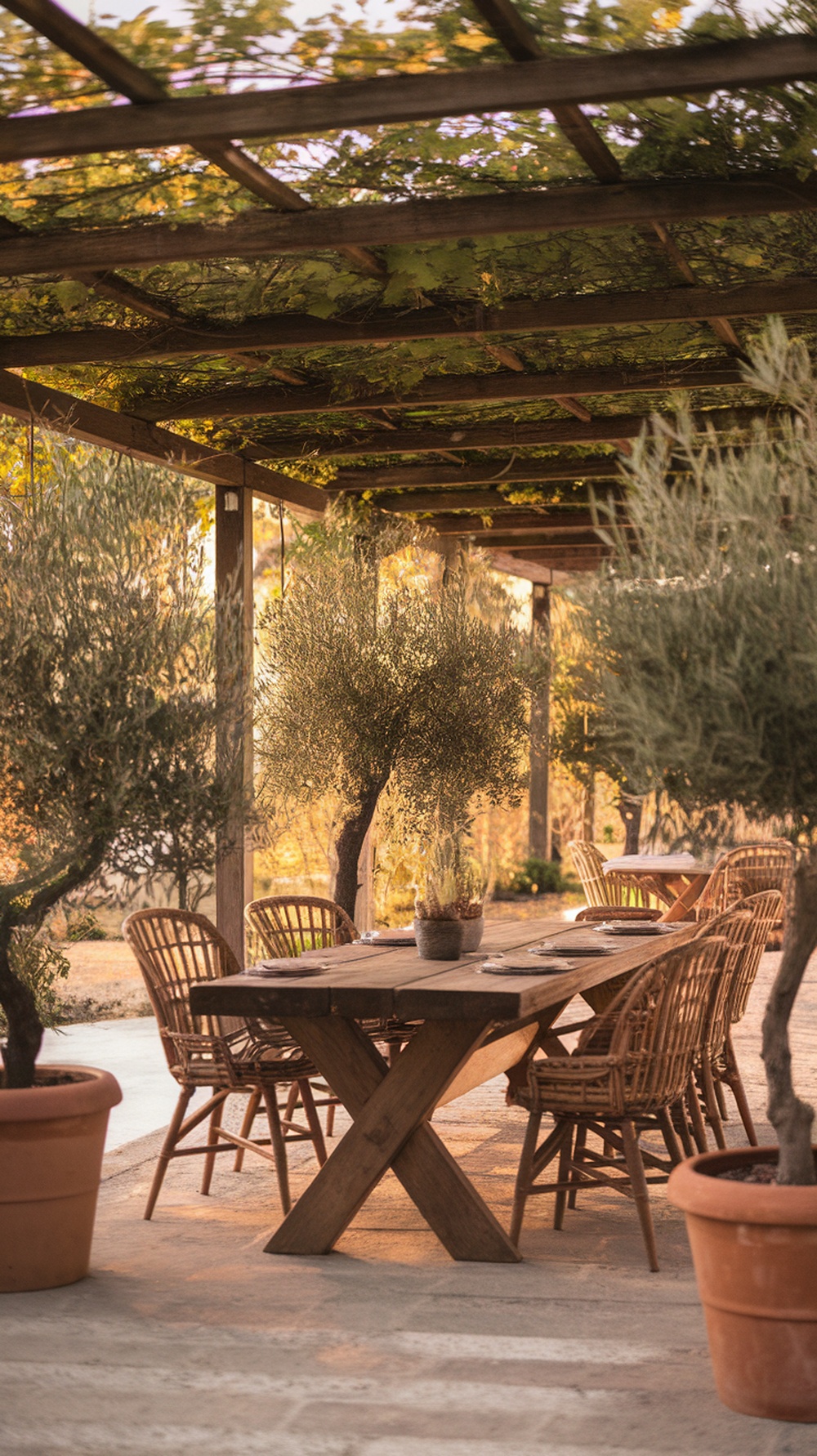 A cozy pergola patio with a wooden dining table and chairs surrounded by greenery and olive trees in pots.