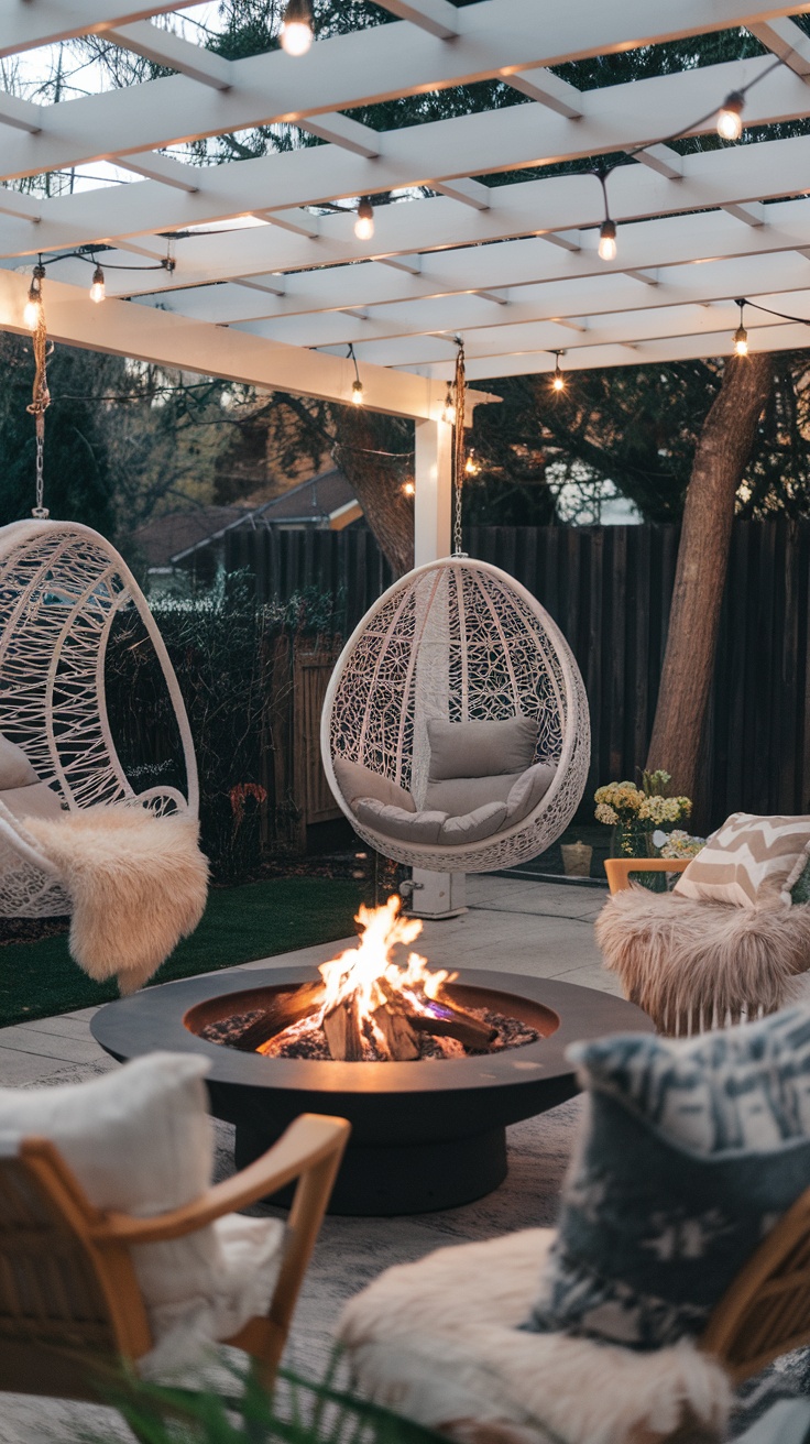 Cozy outdoor patio with a pergola, hanging chairs, and a fire pit