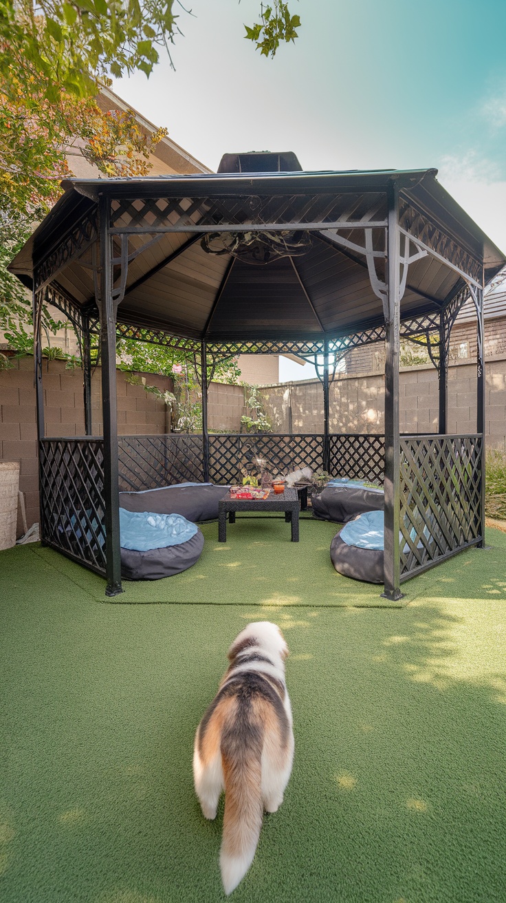 A pet-friendly gazebo with bean bag chairs and a dog on artificial grass.