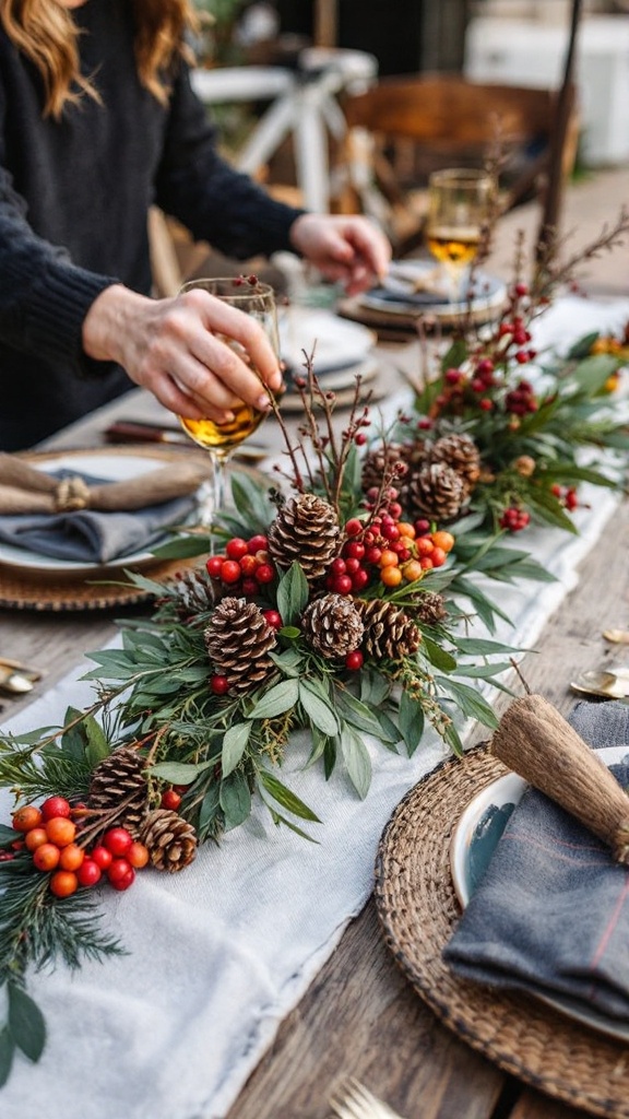 A table set with a rustic centerpiece featuring pinecones and berries surrounded by green leaves.