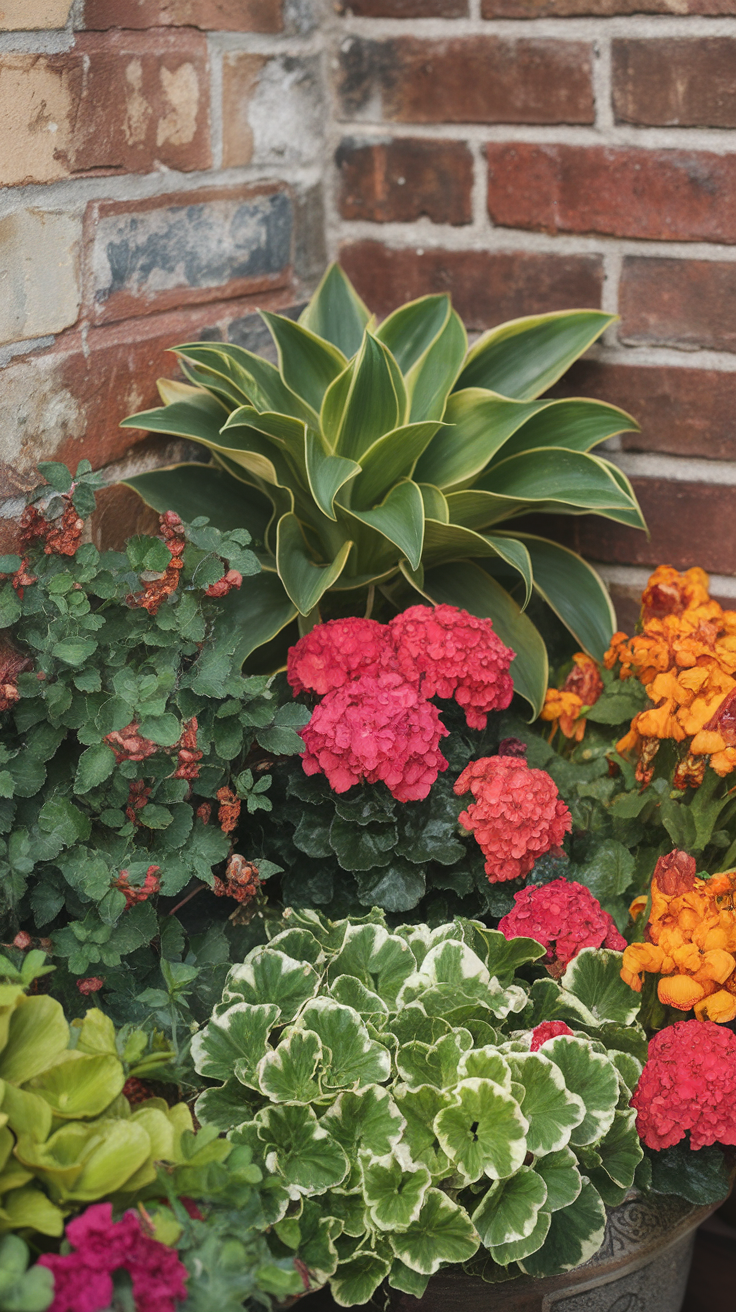 A colorful corner garden with various plants including green and flowering varieties.