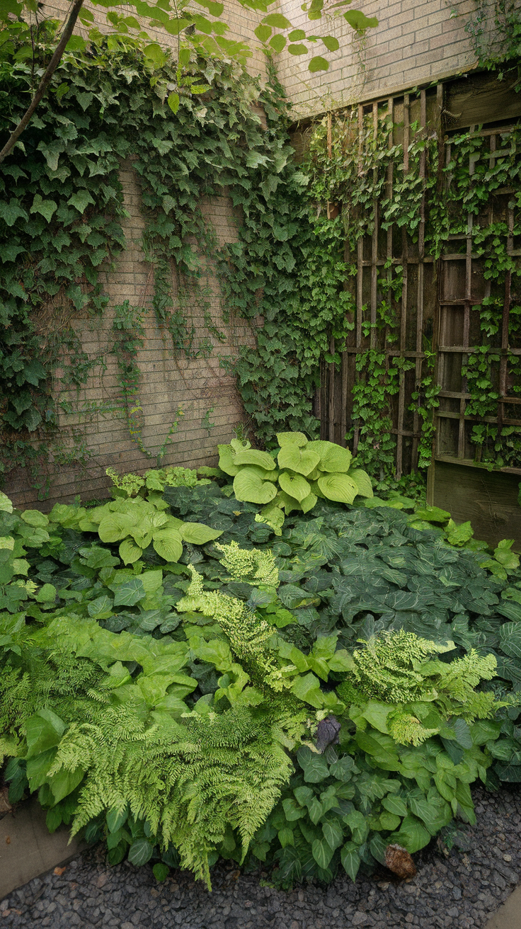 A vibrant corner garden filled with different types of green ground covers and climbing plants.