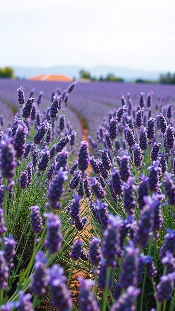 Lavender fields with vibrant purple flowers stretching into the distance.