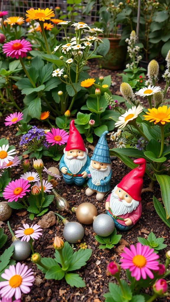 Colorful garden gnomes among flowers in a cottage garden.