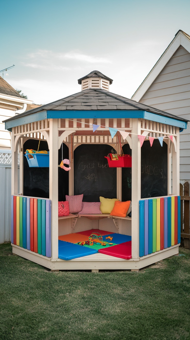 A playful kids' gazebo corner with colorful cushions, chalkboard walls, and storage bins.