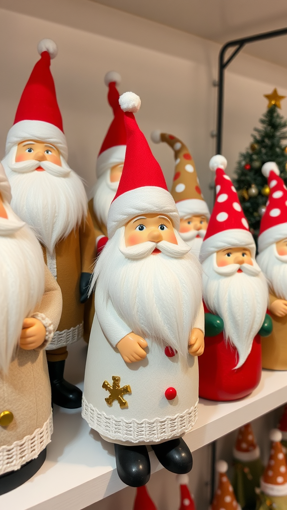 A variety of playful Santa figurines with colorful outfits and hats displayed on a shelf.