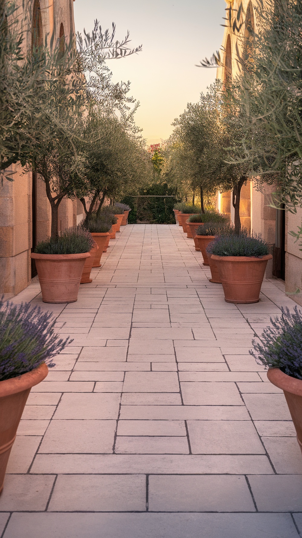 A polished courtyard path lined with olive trees and lavender in terracotta pots
