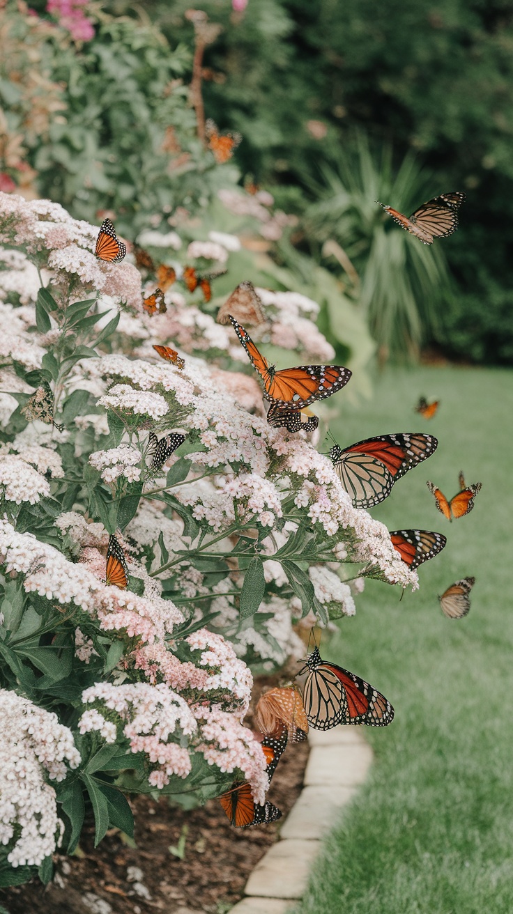 A butterfly bush in full bloom surrounded by butterflies.