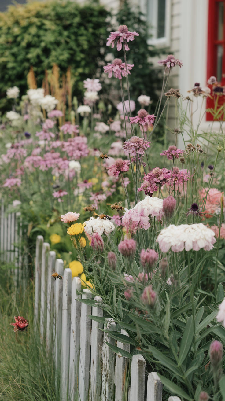 Colorful flowers in a garden with bees buzzing around