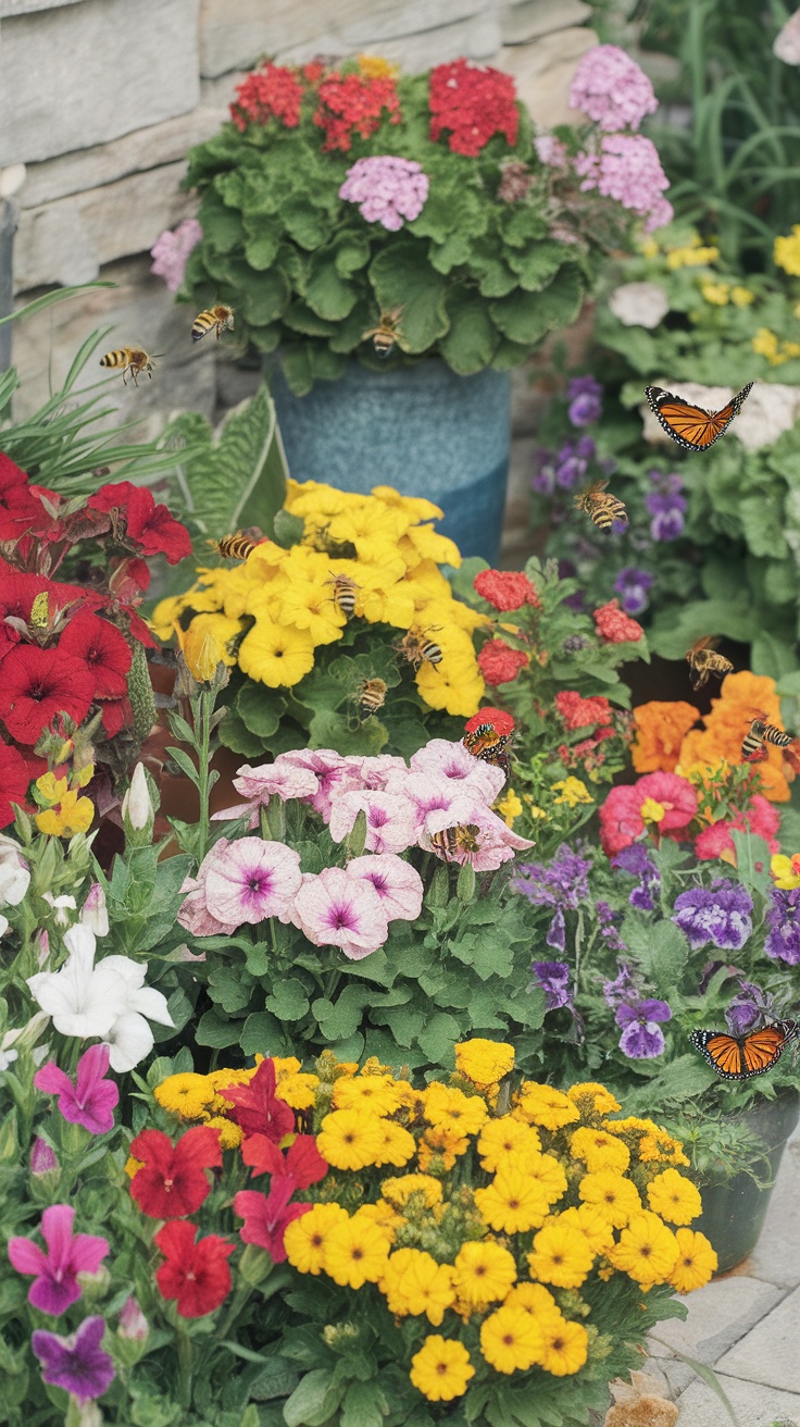 A colorful small garden full of flowers, with bees and a butterfly flying around.