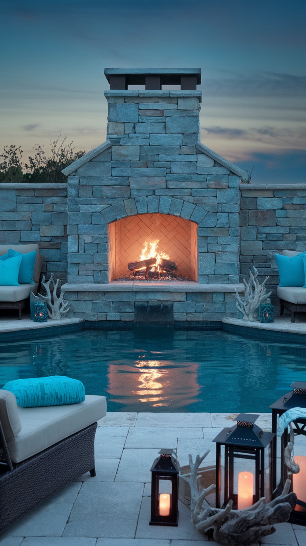 A cozy outdoor fireplace near a swimming pool, surrounded by seating and lanterns.