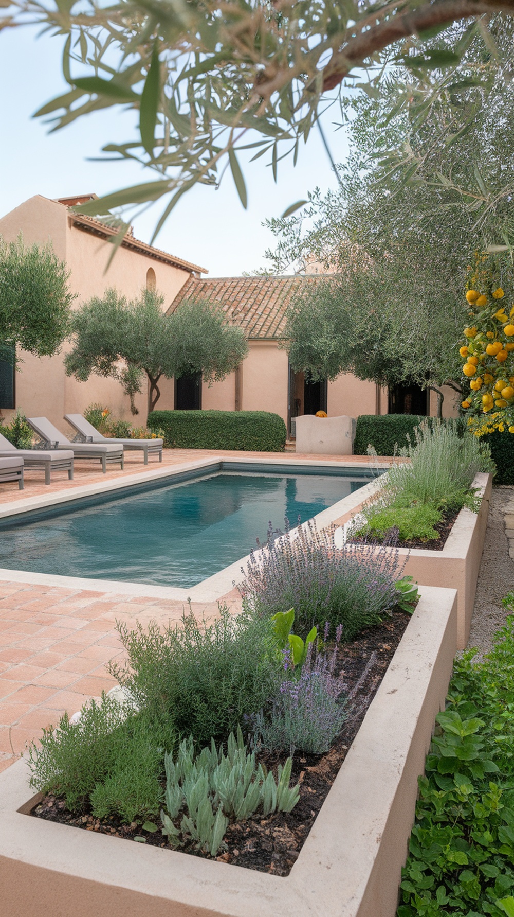 A serene poolside Mediterranean herb garden featuring various herbs planted in raised beds, surrounded by olive trees and citrus trees.