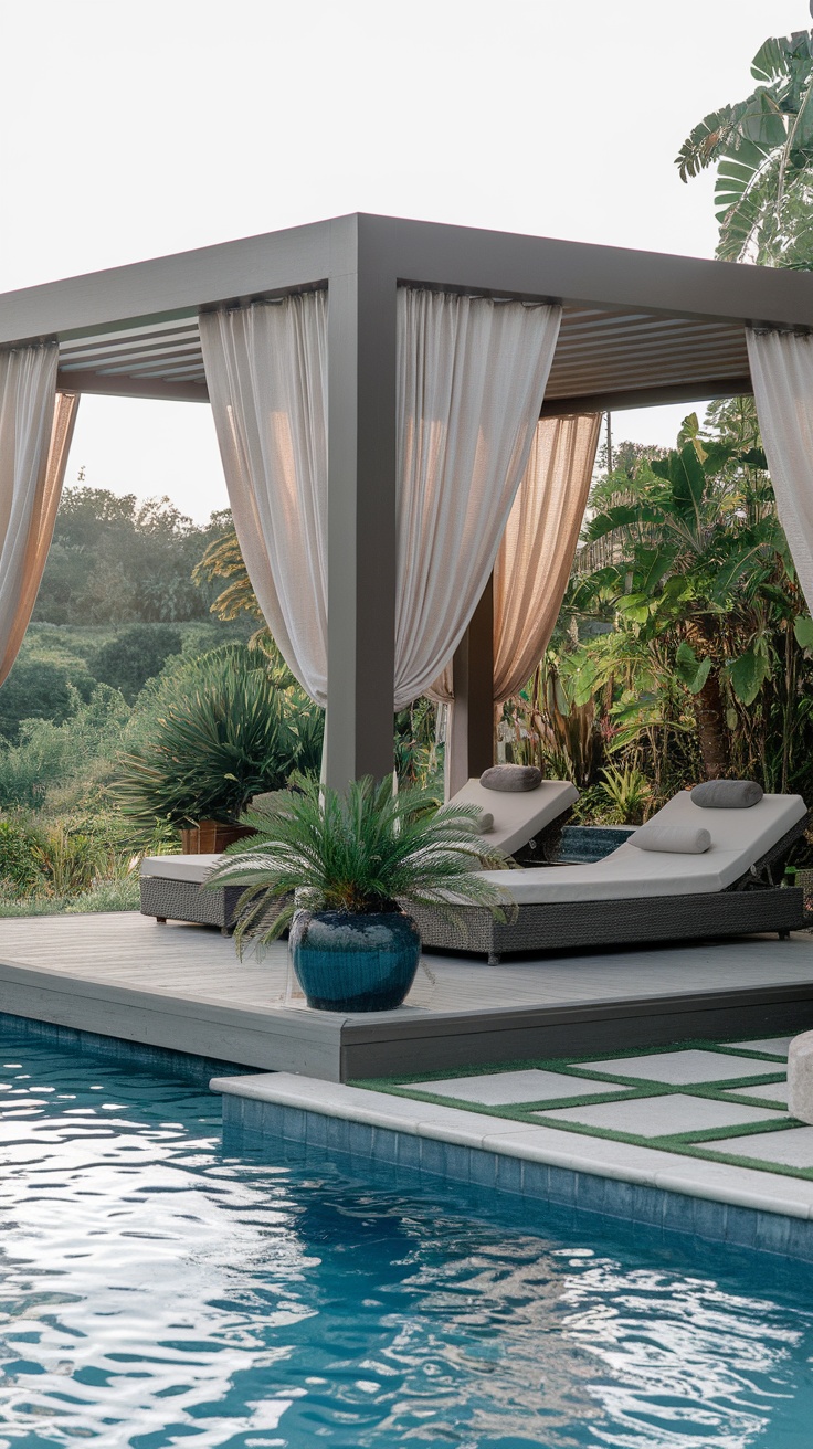 A stylish poolside pergola with lounge beds, surrounded by greenery.