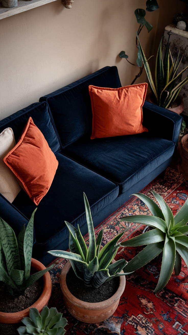 Cozy living room featuring a blue couch with orange pillows, surrounded by various indoor plants in terracotta pots.