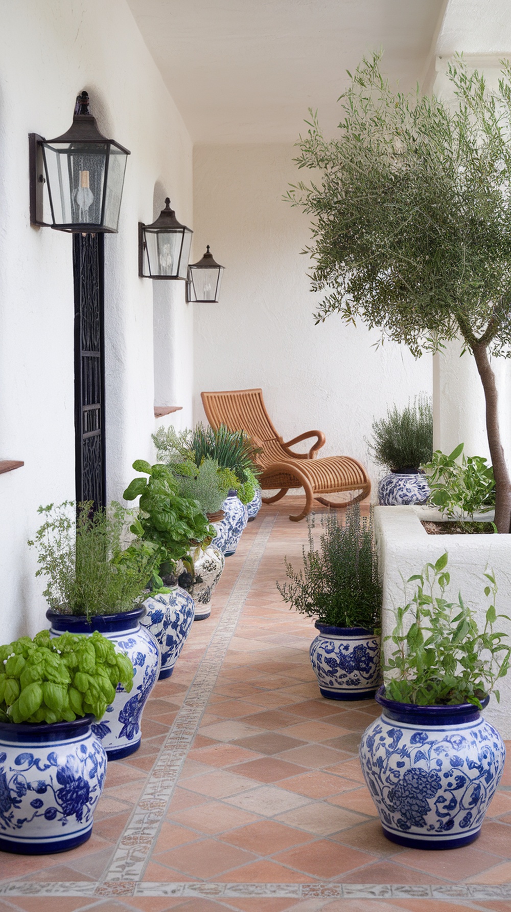 A cozy porch garden featuring ceramic herb pots arranged on terracotta flooring, with a comfortable wooden chair beside them.