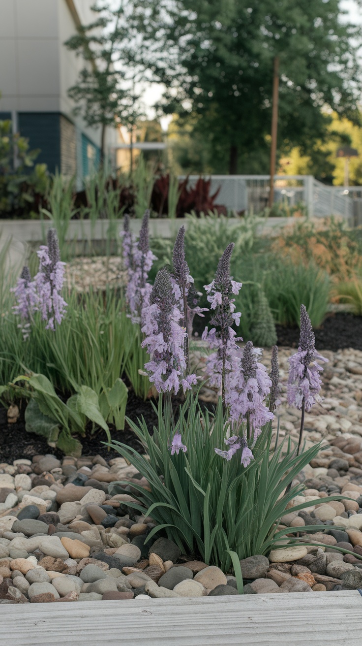 A vibrant rain garden featuring purple flowers and stones, showcasing natural water management.