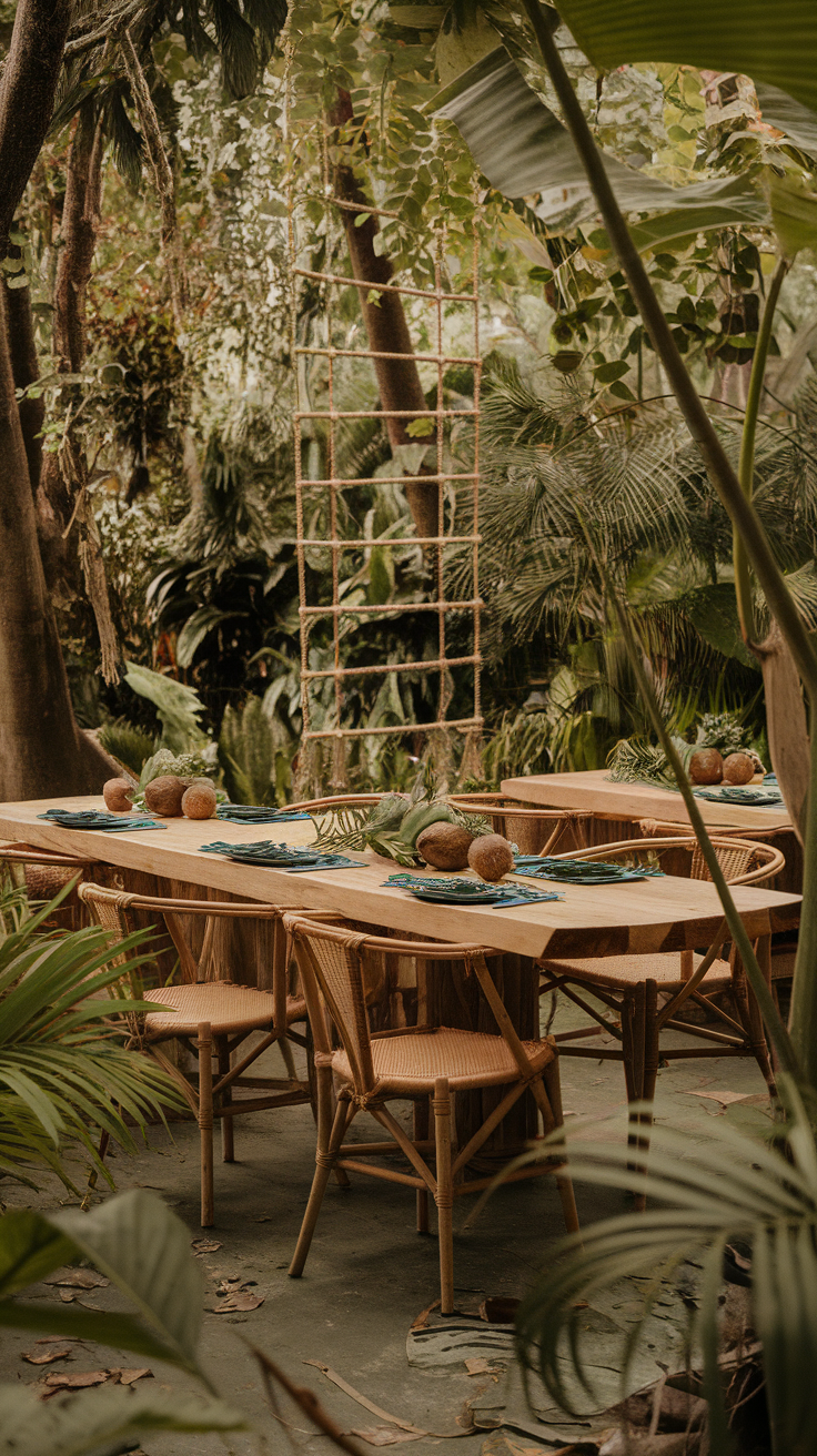 A dining table surrounded by greenery in a rainforest setting.