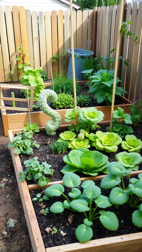 A vibrant raised bed vegetable garden with various plants and a decorative element.