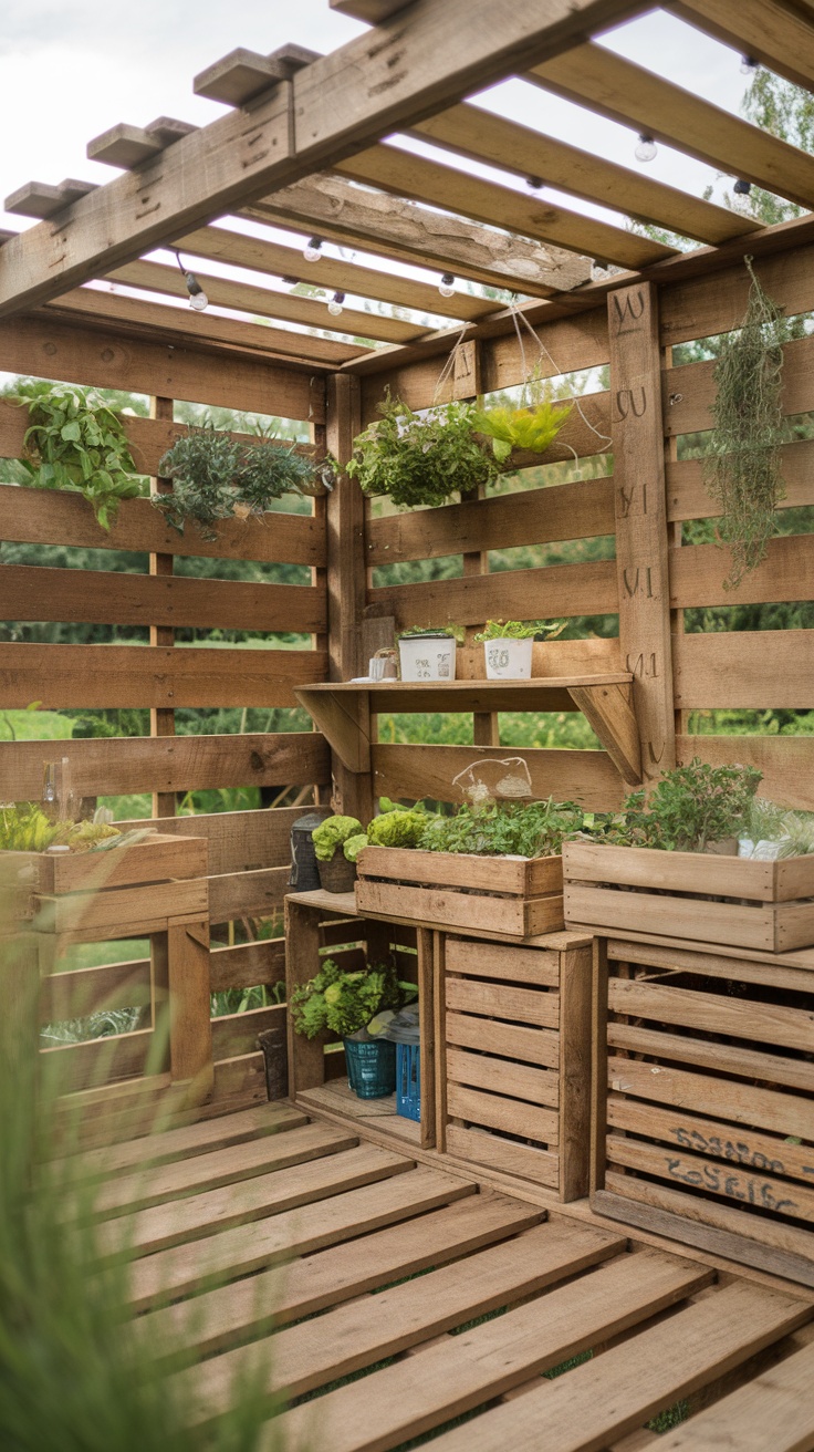A rustic outdoor kitchen made from reclaimed pallets featuring hanging plants and herbs.