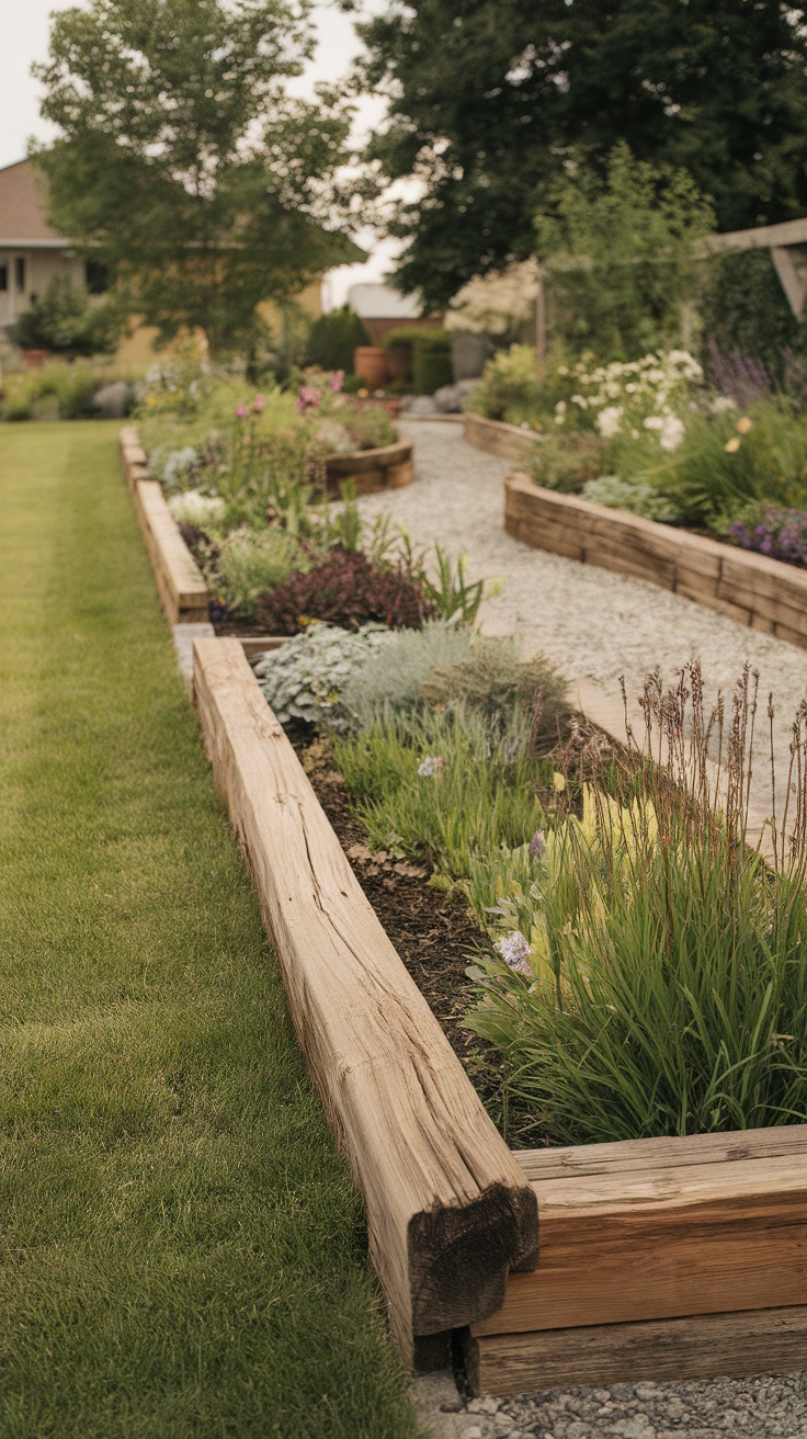 Garden bordered with reclaimed railroad ties and vibrant flowers