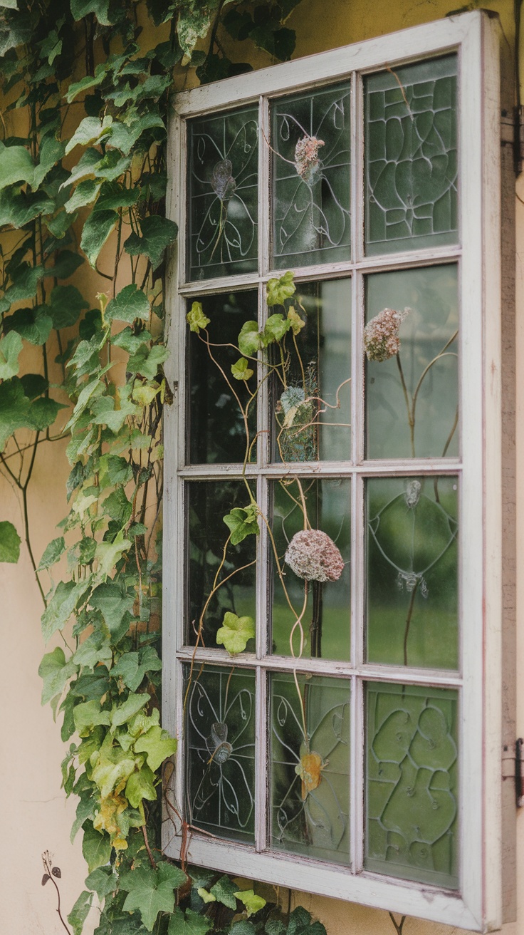 A reclaimed window frame used as a trellis, adorned with climbing plants and flowers.