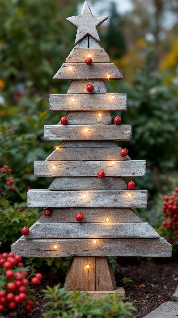 A reclaimed wood Christmas tree decorated with lights and red ornaments, set in a garden.