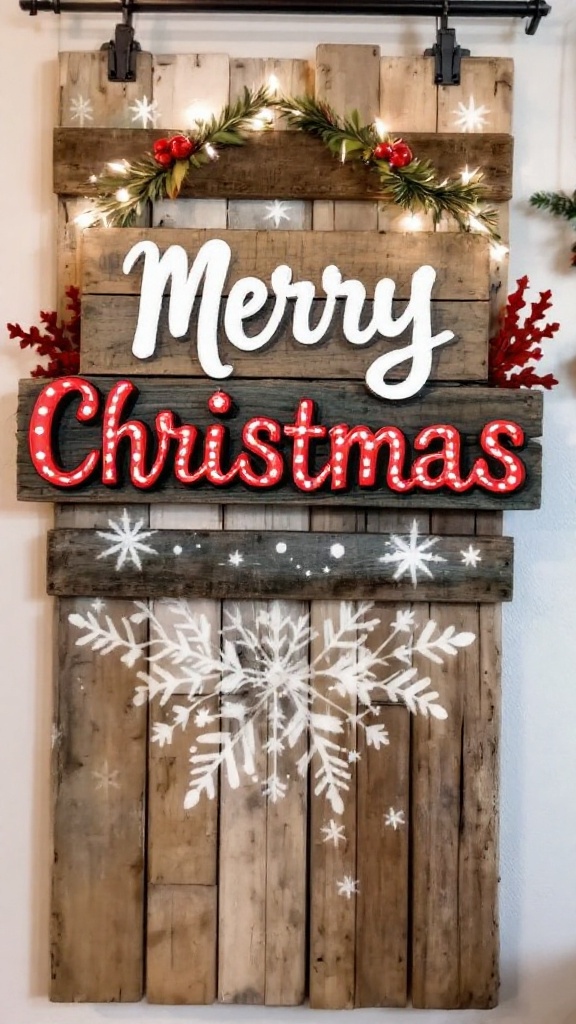 Recycled pallet Christmas sign with Merry Christmas written in red and white, decorated with greenery and snowflakes.