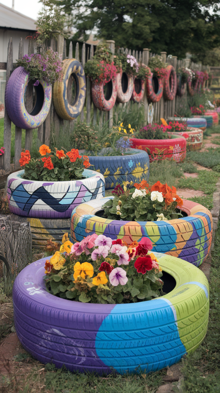 Colorful recycled tire planters filled with flowers in a garden.