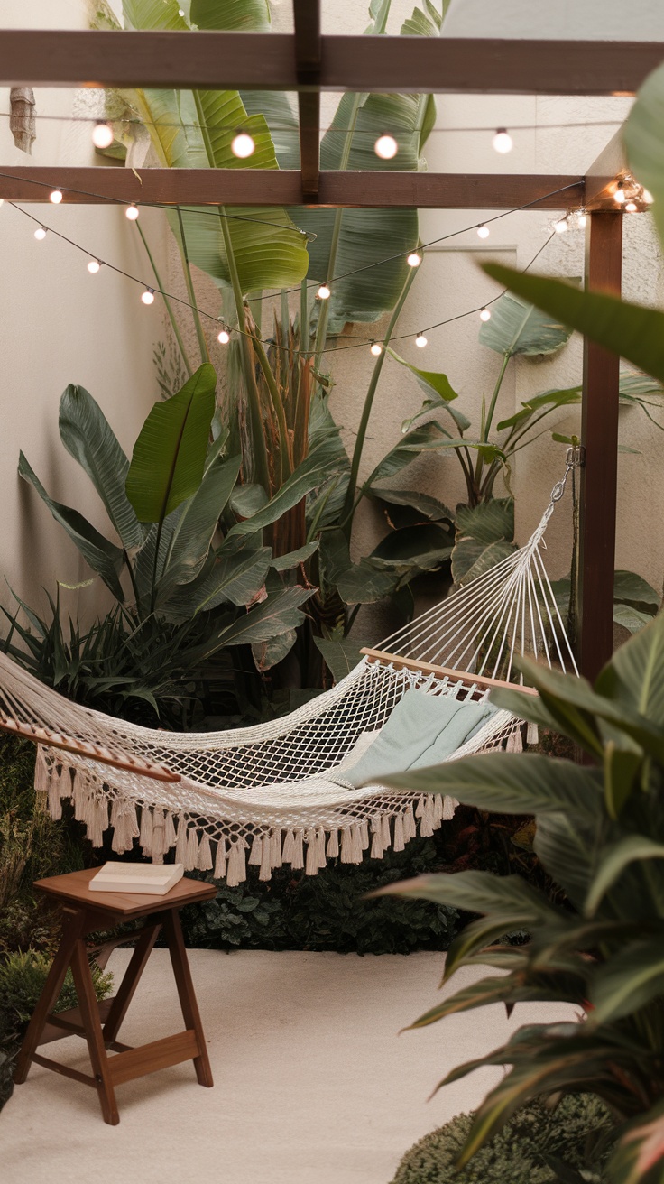 A cozy balcony with a hammock surrounded by lush plants and string lights.