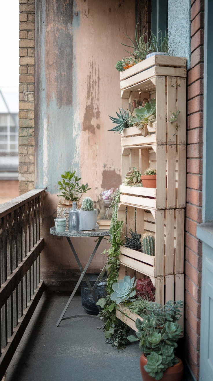 A balcony featuring repurposed wooden crates as a plant stand and a small table for a cozy atmosphere.