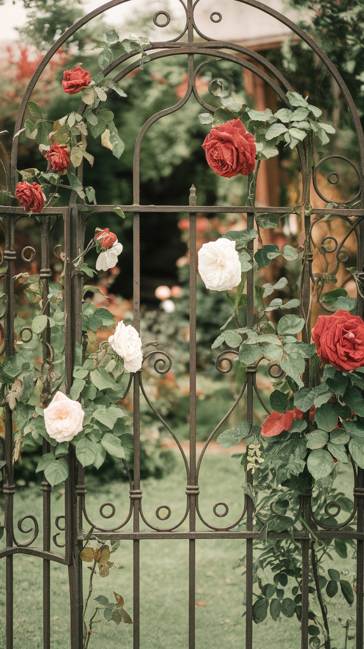 A decorative garden gate adorned with red and white roses, surrounded by lush greenery.