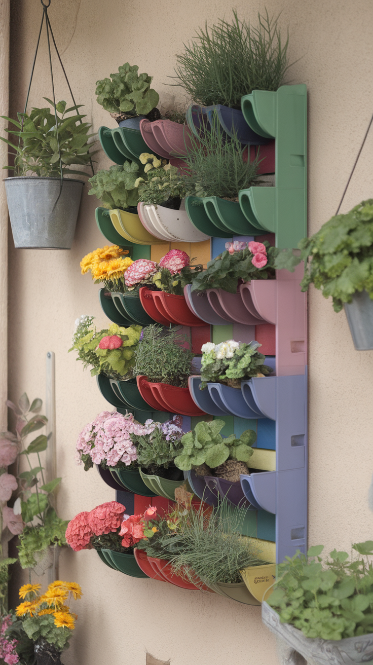 A wall-mounted shoe organizer repurposed as a planter, filled with various flowers and herbs.