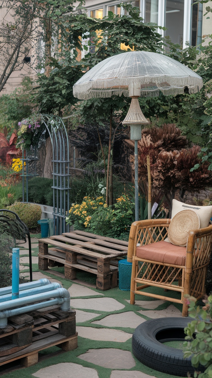 A garden area featuring repurposed materials like wooden pallets and an old tire.