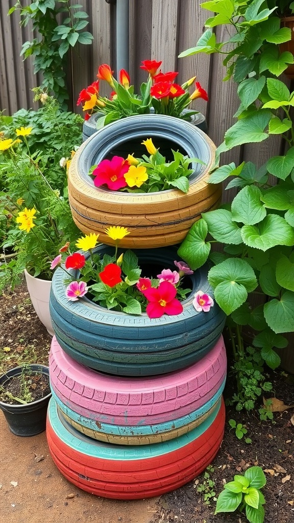 Colorful stacked tires used as planters with flowers.