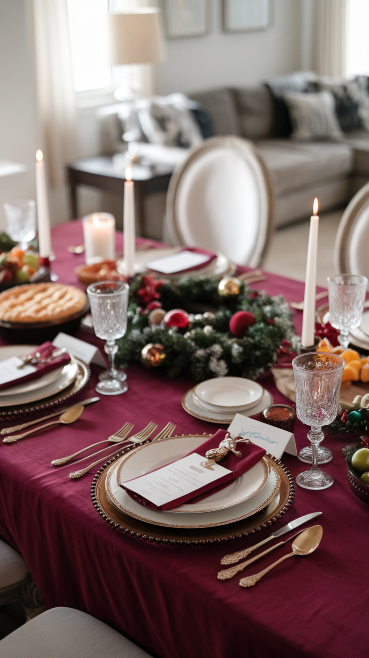 A beautifully arranged table with rich burgundy tablecloth, elegant plates, festive decorations, and candles.