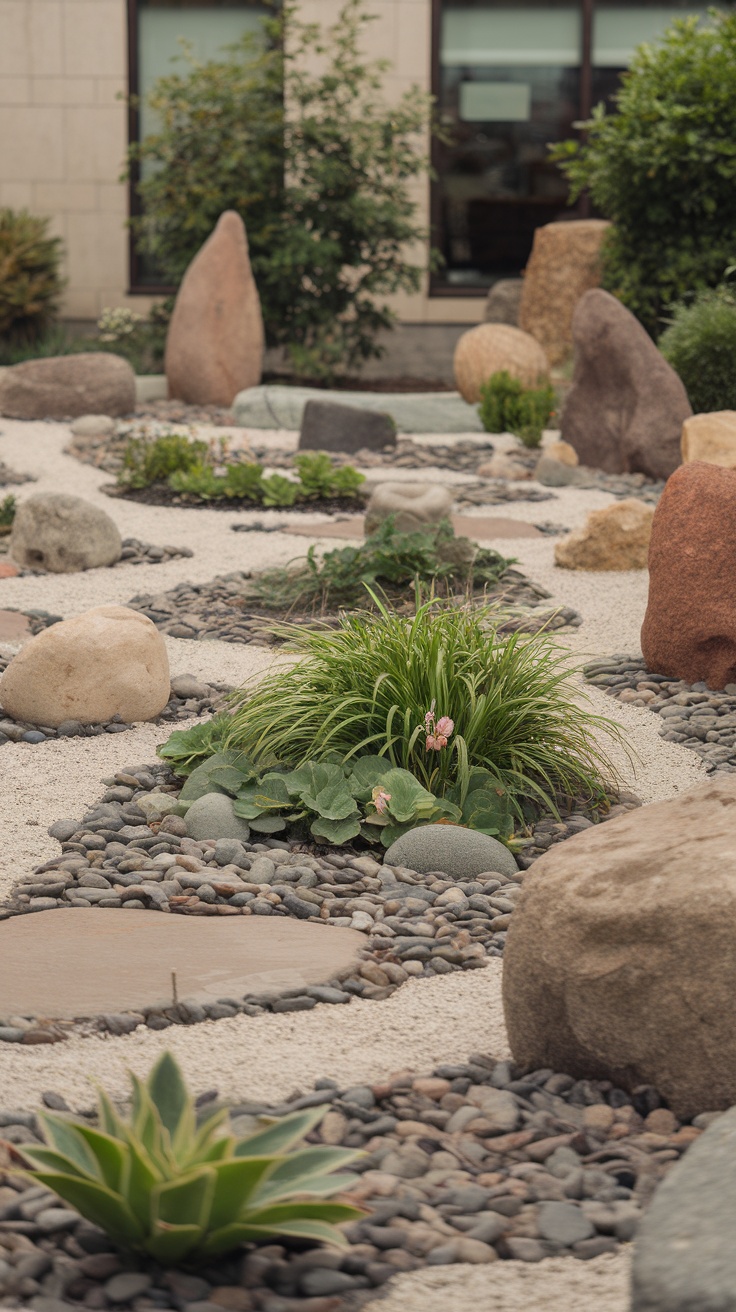 A rock garden featuring various stones and drought-resistant plants.