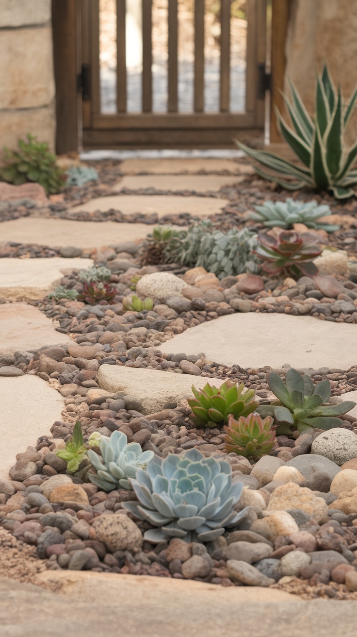 A rock garden featuring various succulents and a stone pathway leading to a wooden gate.