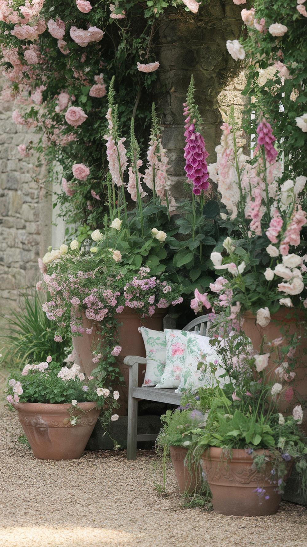 A romantic cottage garden with terracotta planters filled with pink roses and foxgloves, featuring a rustic wooden bench adorned with floral cushions.